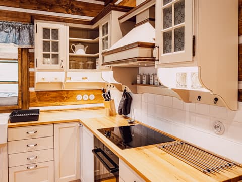 Detailní pohled na moderní vestavné spotřebiče zasazené do rustikální kuchyňské linky z masivního dřeva.